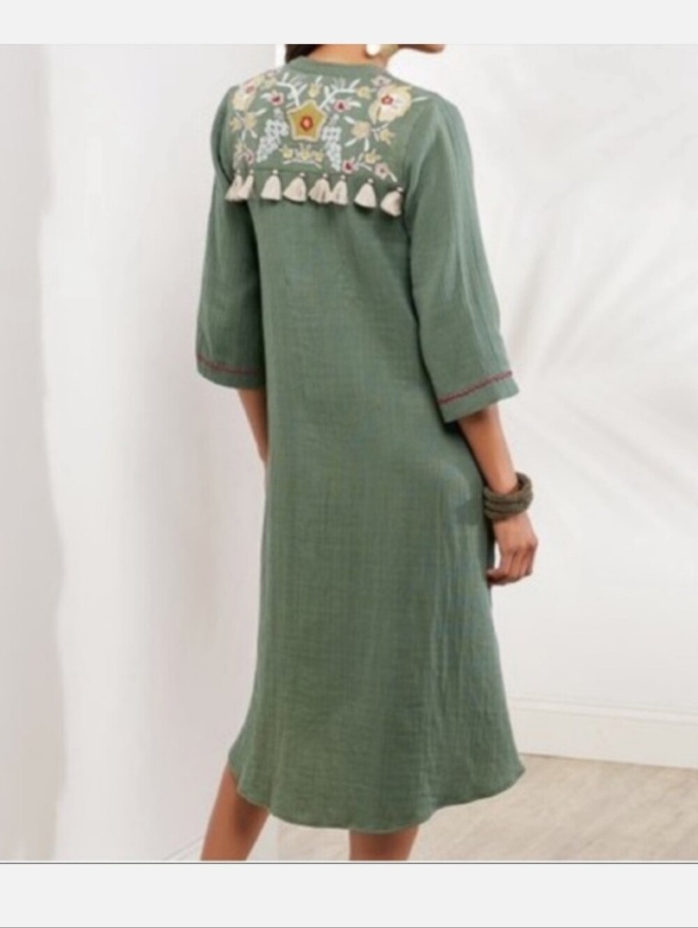 Soft Surroundings Shirt Dress Womens Large Olive Green Embroidered Tassel 2CW94‎